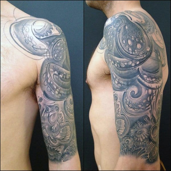 Shaded Coral Reef Half Sleeve Tattoo On Man