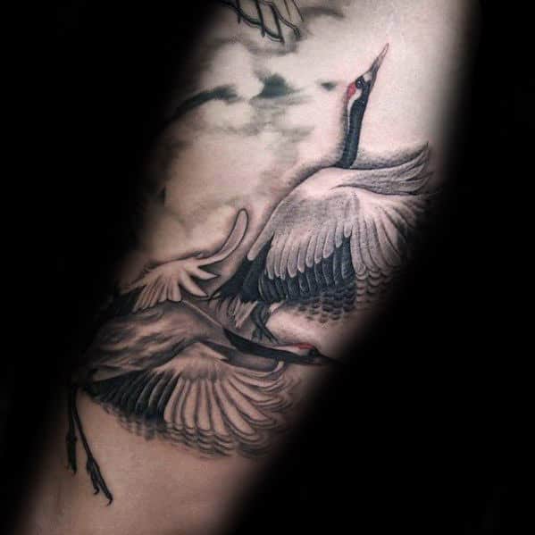 Shaded Cranes Mens Inner Arm Tattoo Ideas