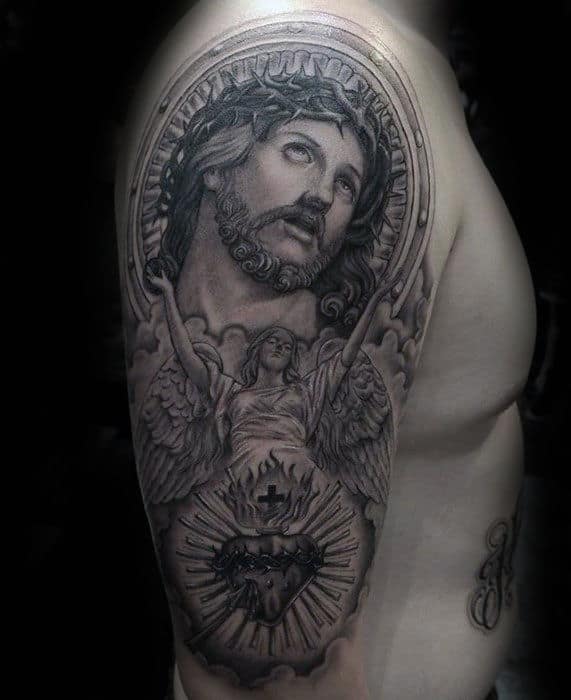 Shaded Creative Jesus Male Arm Tattoo With Religious Theme