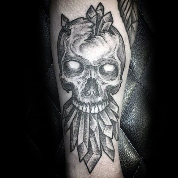 Shaded Crystal With Skull Guys Inner Forearm Tattoo Design Inspiration