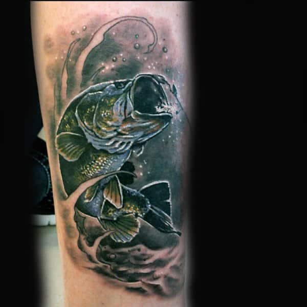 Shaded Dark Bass Tattoo With Black Background On Guy