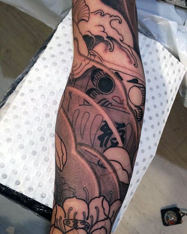 Shaded Daruma Doll Mens Japanese Sleeve Tattoo Ideas