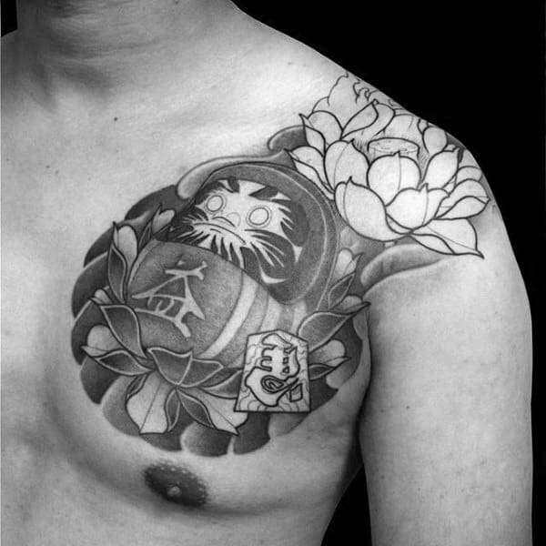 Shaded Daruma Doll Upper Chest Male Tattoo Ideas