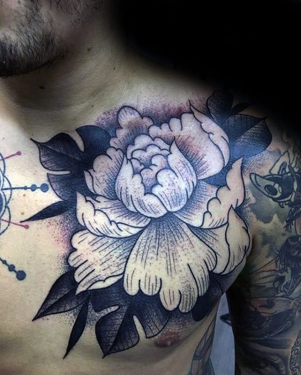 Shaded Detailed Peony Mens Upper Chest Tattoos