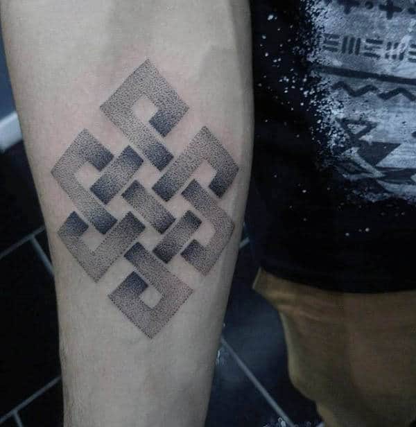 Shaded Dotwork Male Endless Knot Inner Forearm Tattoos