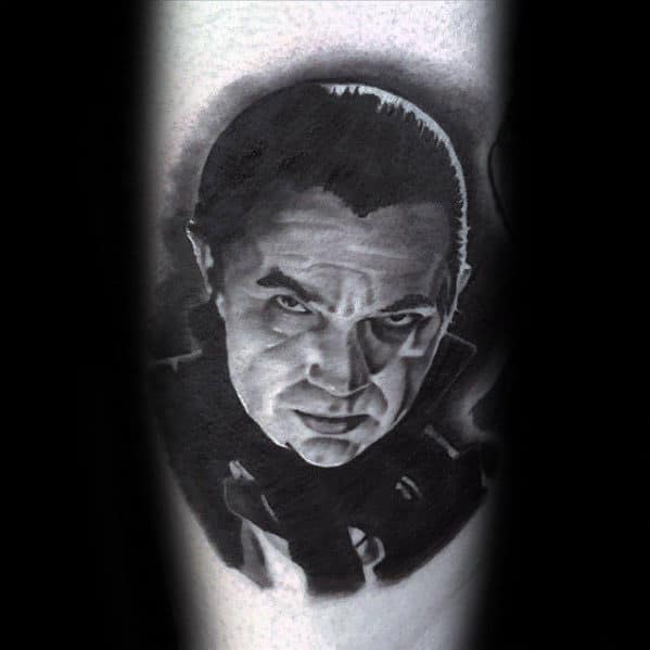 Shaded Dracula Male Black And Grey Ink Tattoo On Arms