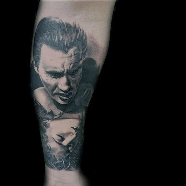 Shaded Dracula Vampire Mens Forearm Sleeve Tattoos For Gentlemen