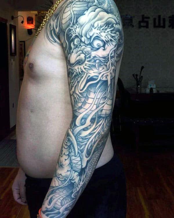 Shaded Dragon Chinese Male Full Sleeve Tattoo Design Ideas
