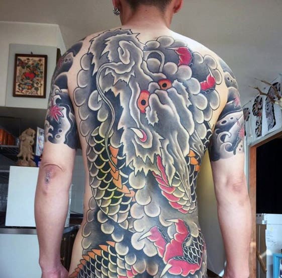 Shaded Dragon Cloud Guys Japanese Back Tattoos