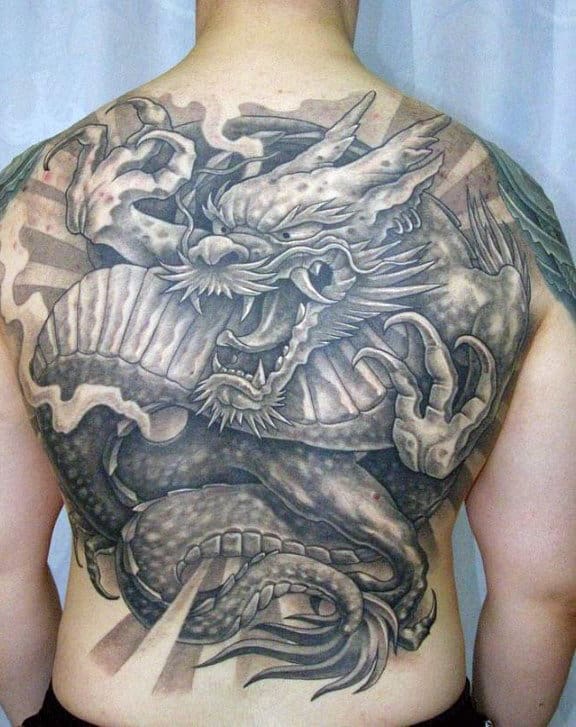 Shaded Dragon Male Black And Grey Back Tattoos
