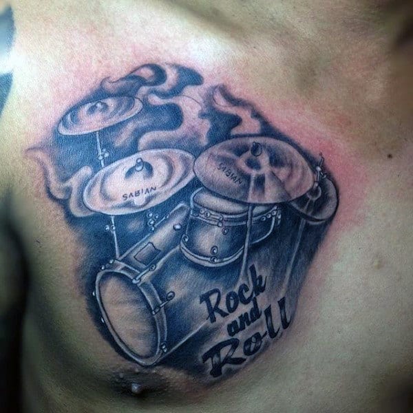 Shaded Drums Rock And Roll Mens Upper Chest Tattoos