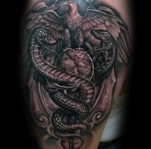 Shaded Eagle With Globe Caduceus Mens Arm Tattoos
