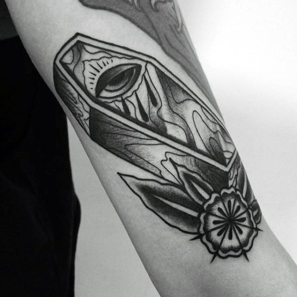 Shaded Eye Tears Mens Forearm Coffin Tattoo For Men