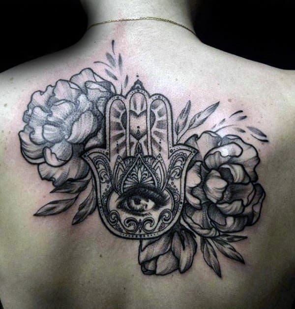 Shaded Flowers With Hamsa Guys Upper Back Tattoo