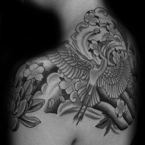 Shaded Flying Bird Crane Mens Japanese Upper Back Tattoo
