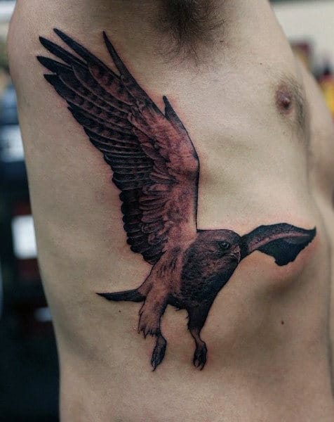Shaded Flying Hawk Tattoo On Male Rib Cage