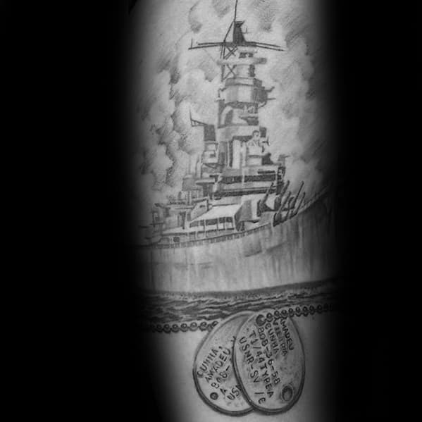 Battleship tattoo featuring prominent name tags in the foreground