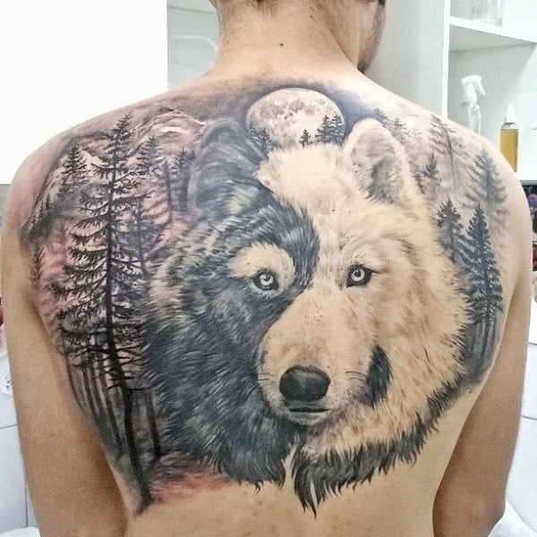 Shaded Forest Tree Wolf Back Tattoos For Men