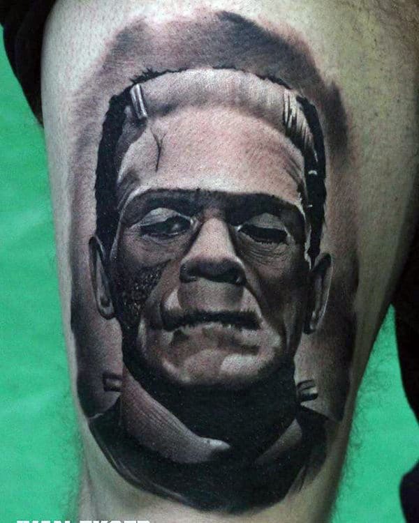 Shaded Frankenstein Thigh Tattoo On Male