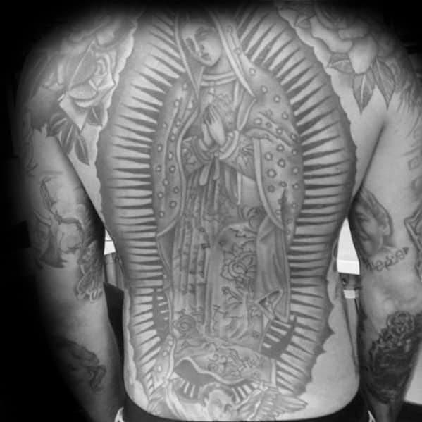 Shaded Full Back Guadalupe Tattoo Ideas On Guys