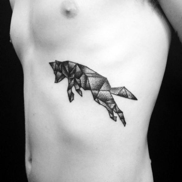 Shaded Geometric Jumping Wolf Small Manly Guys Rib Cage Side Chest Tattoo