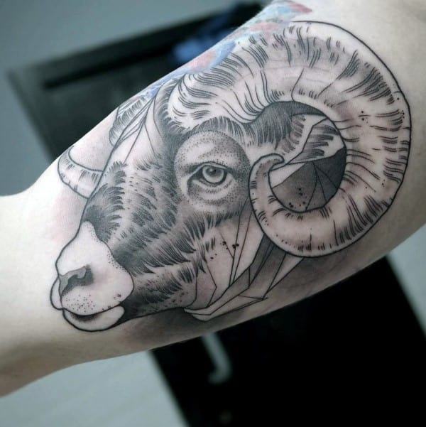 Shaded Geometrical Ram Bicep Tattoos For Males