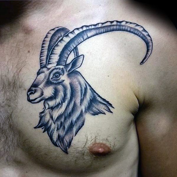 Shaded Goat Upper Chest Tattoo On Gentleman