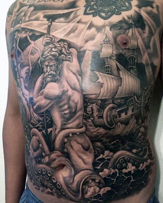 Shaded Greek God Octopus Guys Full Black And Grey Chest Tattoo
