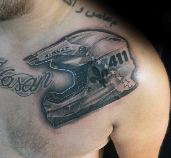 Shaded Grey And Black Ink Motocross Guys Upper Chest Tattoo