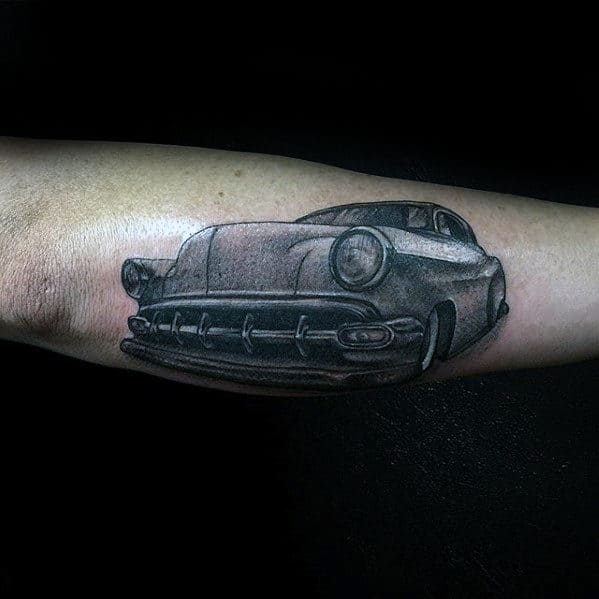 Shaded Grey And Black Mens Retro Outer Forearm Chevy Car Tattoo Ideas