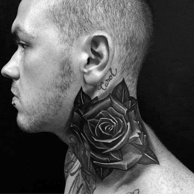 Shaded Grey And Black Rose Male Neck Tattoos