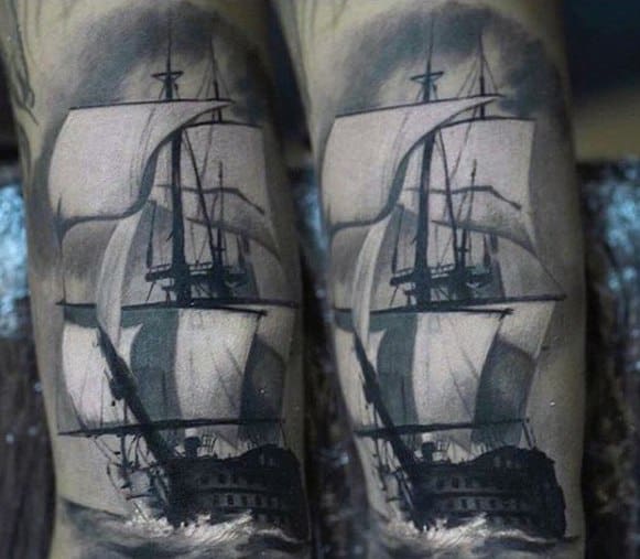 Shaded Grey And White Sailing Ship Arm Male Rad Tattoo Ideas