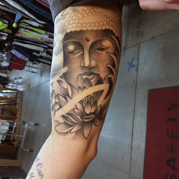 Shaded Grey Black Buddha And Lotus Tattoo On Inner Arm For Men