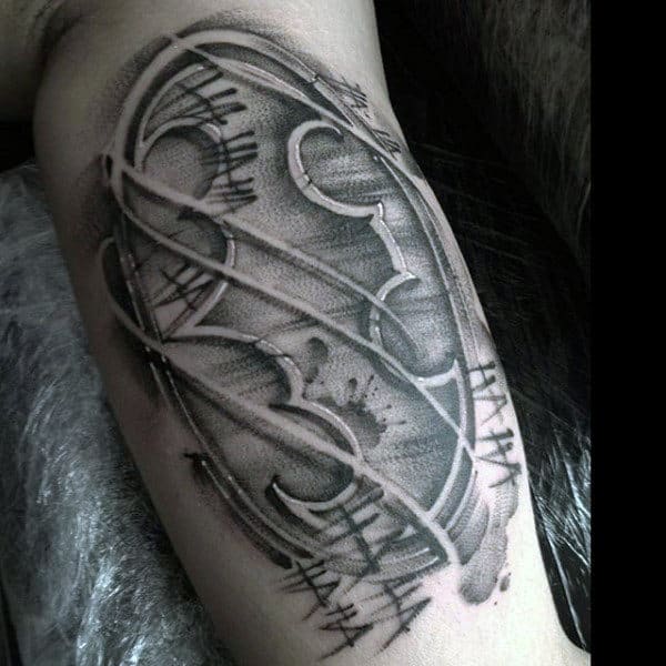 Shaded Grey Ink Batman Symbol Mens Inner Arm Bicep Tattoos