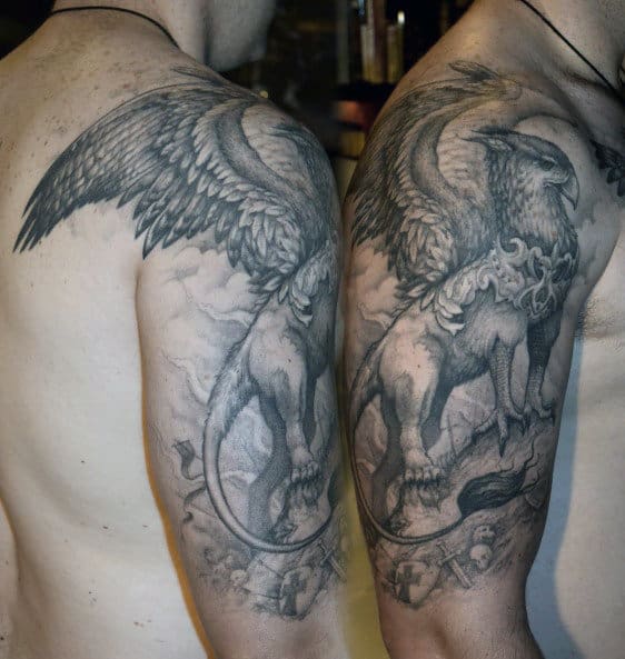 Shaded Grey Ink Griffin Mens Half Sleeve Tattoos