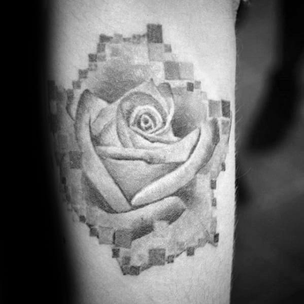 Shaded Grey Ink Rose Flower Inner Forearm Pixel Tattoos Men