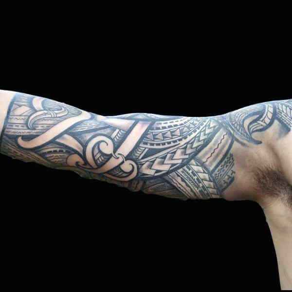 Shaded Grey Tribal Half Sleeve Tattoo On Man