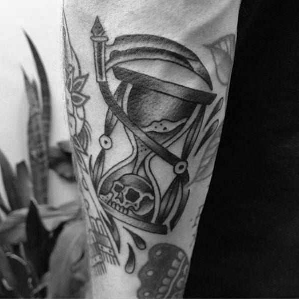 Shaded Grim Reaper Traditional Hourglass Mens Outer Forearm Tattoo