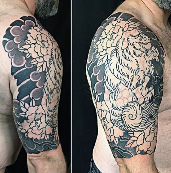 Shaded Guys Fu Dog Half Sleeve Japanese Tattoo With Cloud Background Design