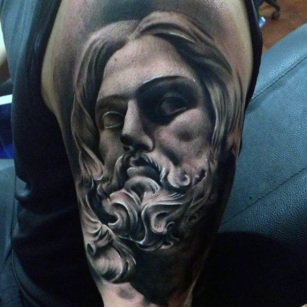Shaded Guys Jesus Portrait Arm Tattoos