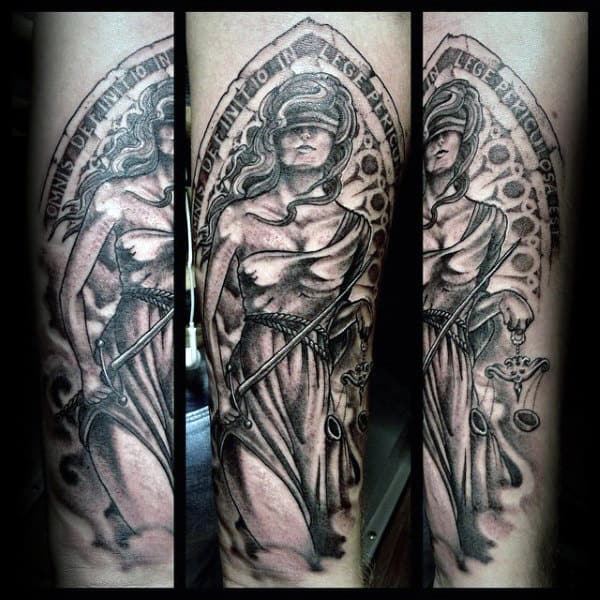 Shaded Guys Lady Justice Tattoo On Forearm