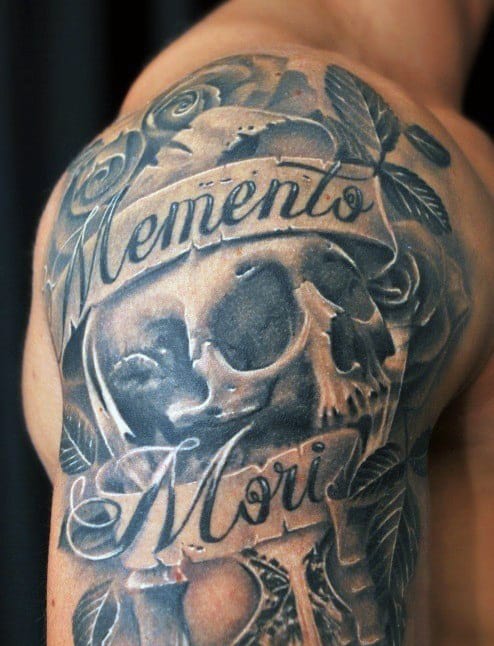 Shaded Guys Memento Mori Skull Half Sleeve Tattoos