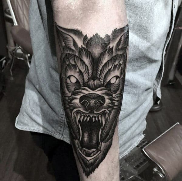 Shaded Guys Old School Angry Wolf Forearm Tattoo