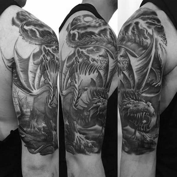 Shaded Half Sleeve Arm Guys Dragon Tattoo Designs