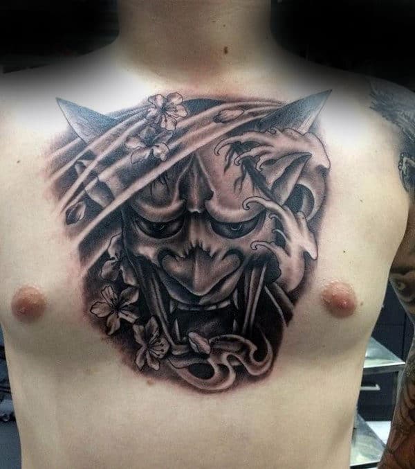 Shaded Hannya Mask Black And Grey Male Center Of Chest Tattoos