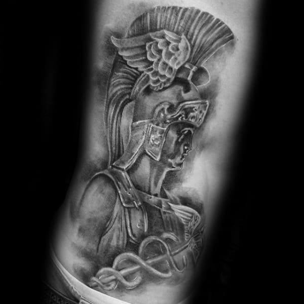 Shaded Hermes Portrait Mens Greek Rib Cage Side Tattoos