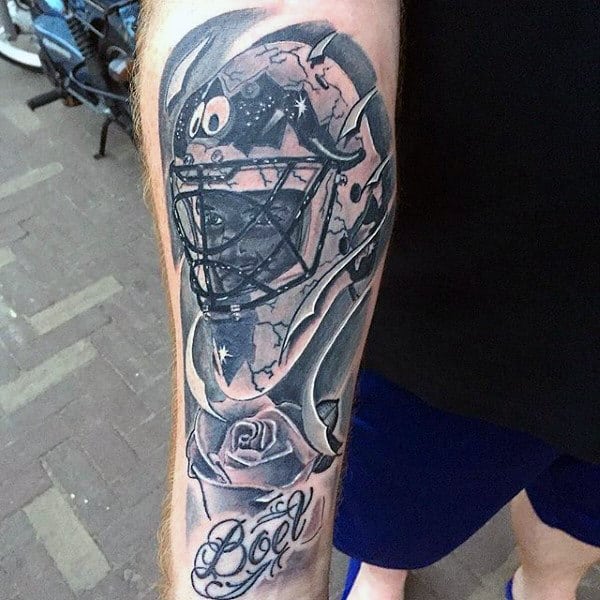 Shaded Hockey Mask With Rose Flower Guys Inner Forearm Tattoos