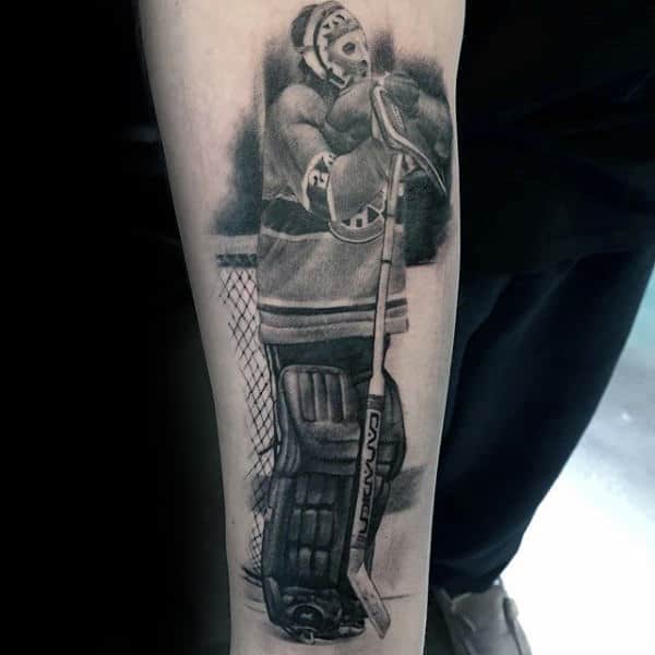 Shaded Hockey Player Tattoo On Males Inner Forearm