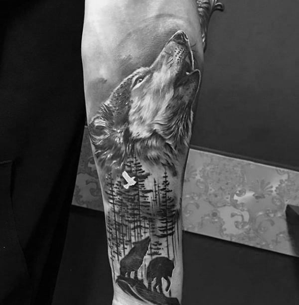 Shaded Howling Wolf Male Inner Forearm Tattoo Designs