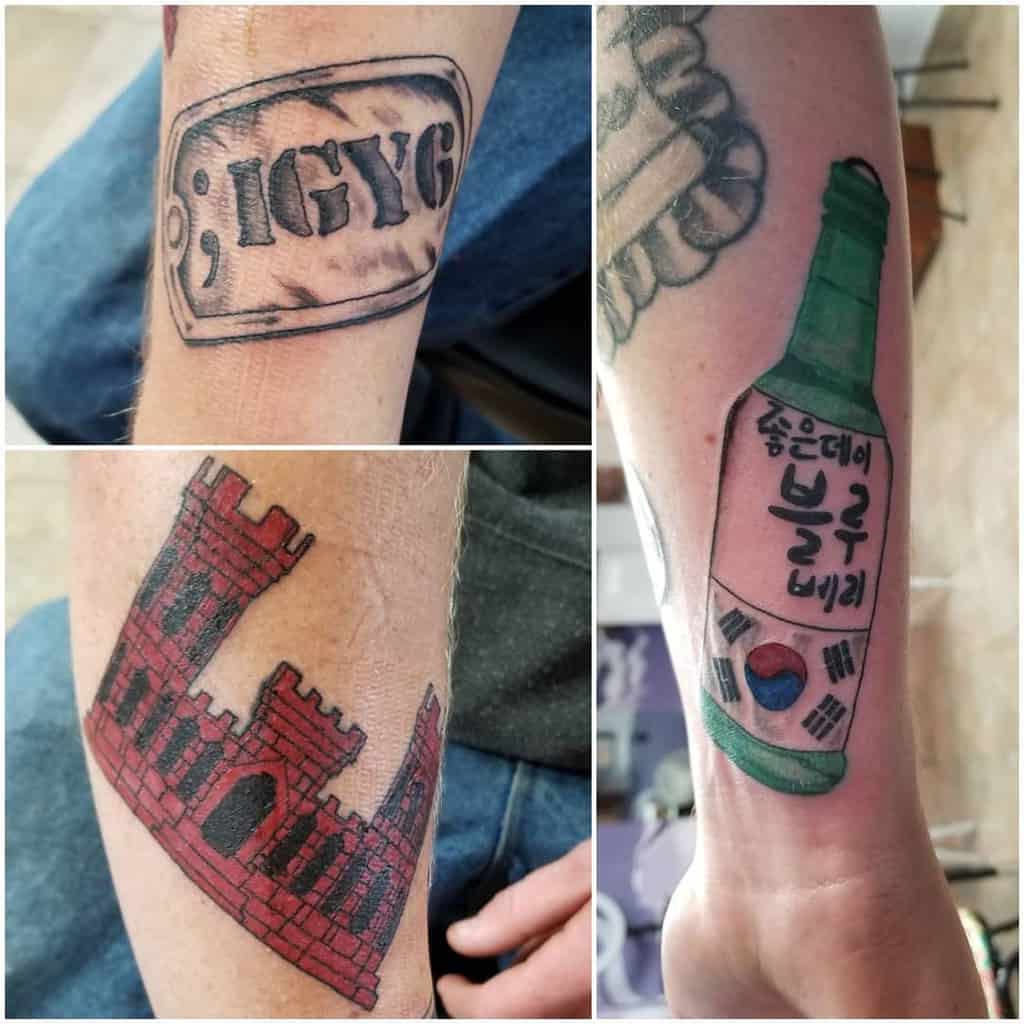 Collage of tattoos featuring a ';IGY6' dog tag design, a red castle, and a soju bottle with Korean text and the South Korean flag